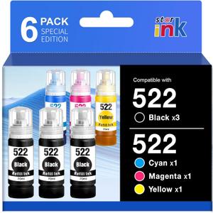 522 Ink Refill Bottles High Capacity (6 Bottles) ET-2800 ET-2400 ET-4800 Replacements for Epson 522 Ink Compatible for Epson Ecotank ET-2800 ET-2400 ET-2803 ET-2720 ET-4700 ET-4810 ET-4800 Printer Ink
