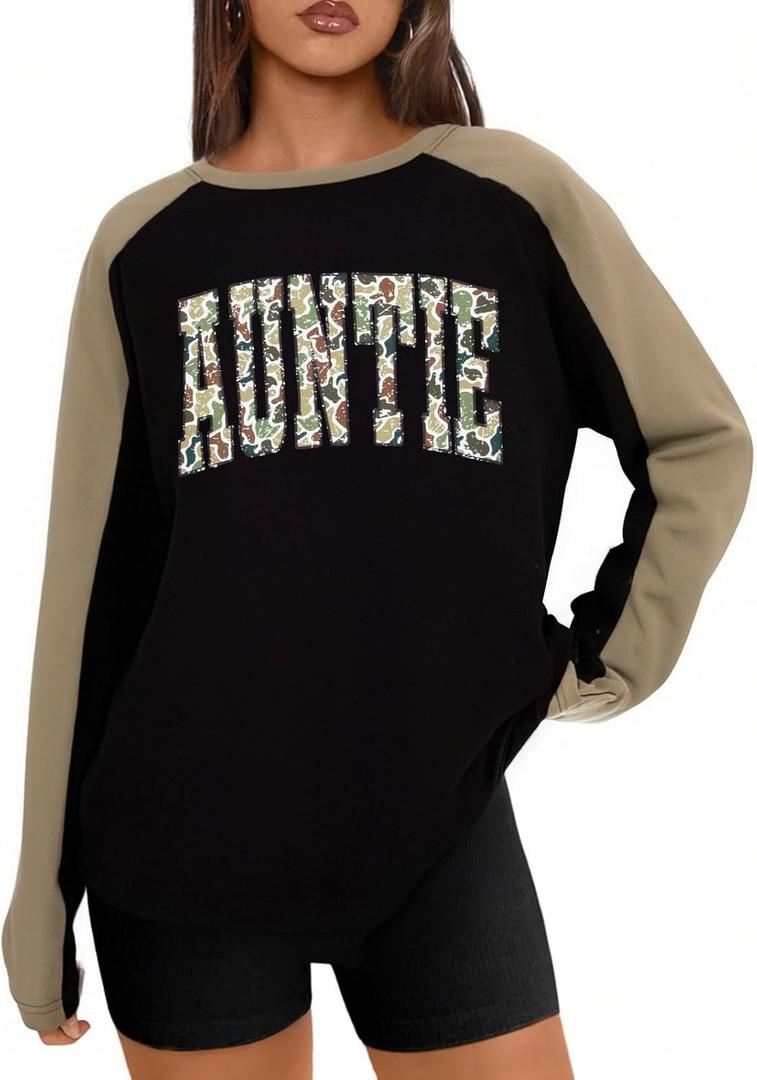 Long Sleeve Mama Shirts for Women Mama Letter Printed T Shirt Auntie Graphic Tees Funny Mom Pullover Top (Black, M)
