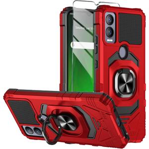 7 x Compatible for Cricket Magic 5G Case, AT&T Propel 5G Case with Tempered Glass Screen Protector,Ring Kickstand,Military Grade Heavy Duty Shockproof Protective Cover (Red)