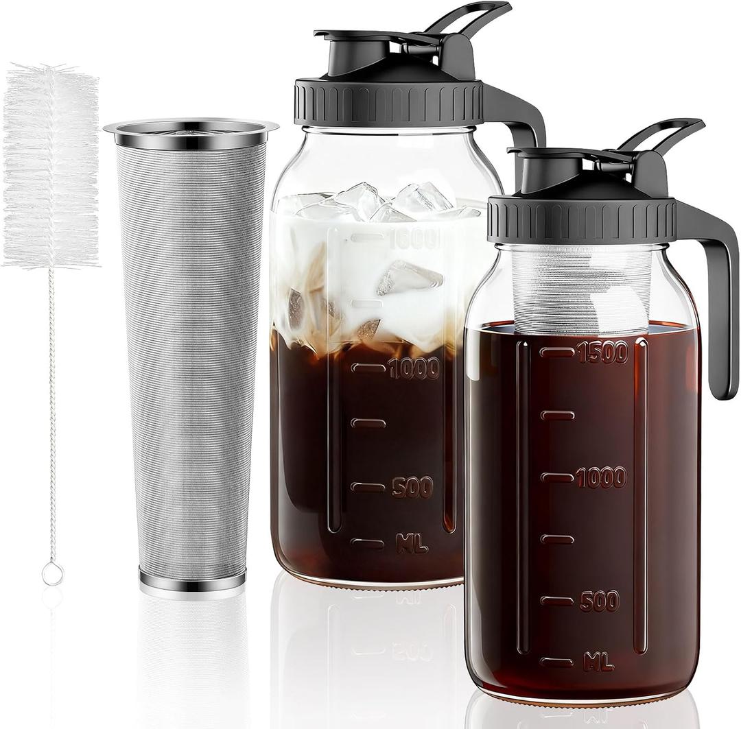 2-Pack Cold Brew Coffee Maker - 64oz Mason Jar Pitcher with Stainless Steel Filter, Spout Lid for Iced Coffee, Tea, Lemonade & Fruit Drinks
