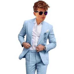 Boys Linen Suits Casual 2 Piece Summer Beach Wedding Tuxedo Suit for Boy Ring Bearer Outfit 12 Y Sky Blue