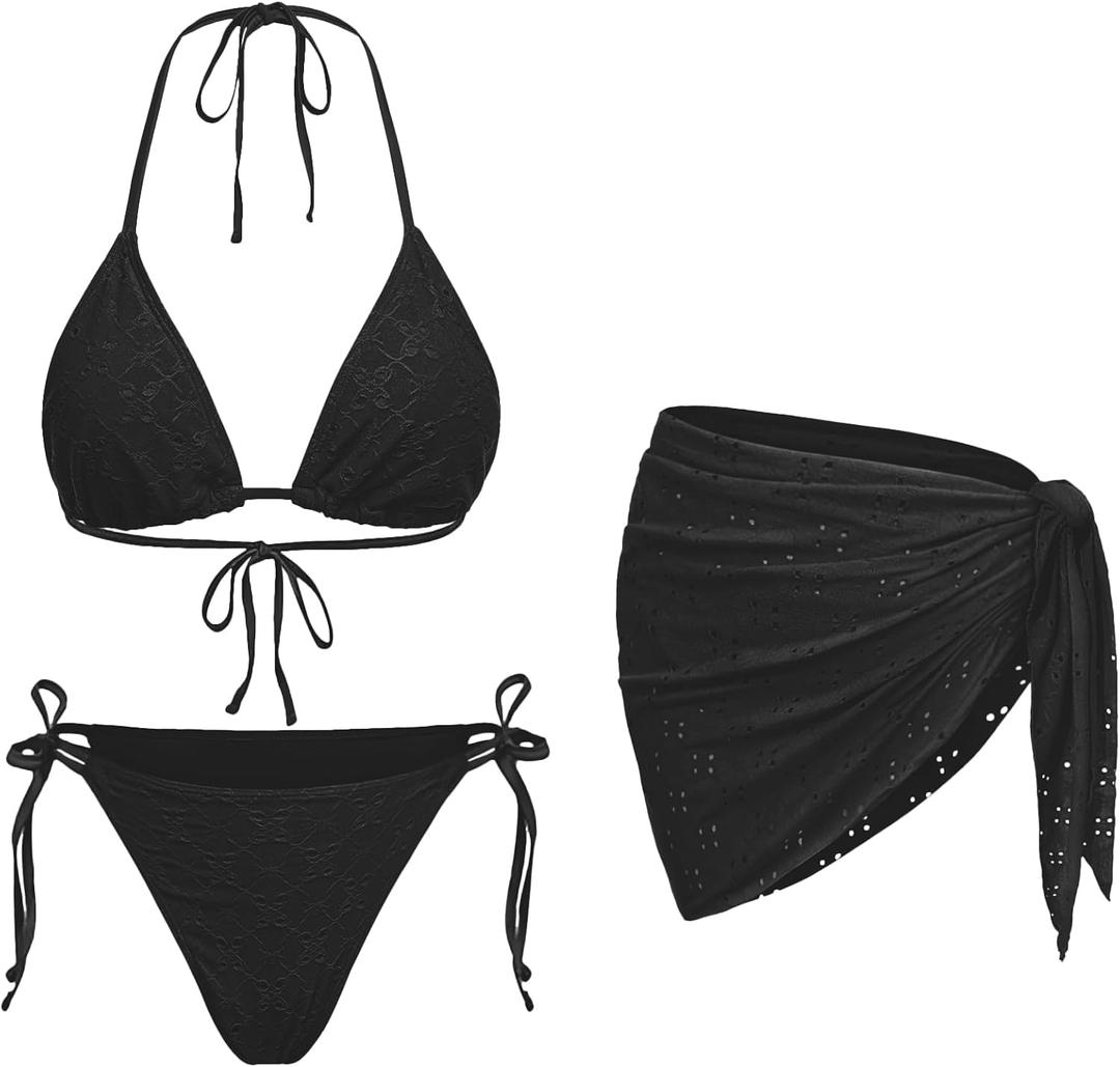 Women 3 Piece Swimsuits - Sexy Triangle Bikini Sets with Cover Up Halter String Tie Side Bathing Suits (Medium, Black)
