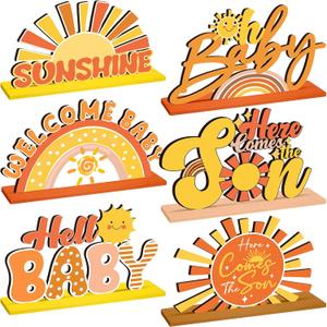 6 Pcs Here Comes the Son Baby Shower Decorations Retro Boho Party Centerpiece for Table Toppers Wooden Sunshine Baby Shower Decorations for Home Office Tier Tray Party Supplies(Orange)