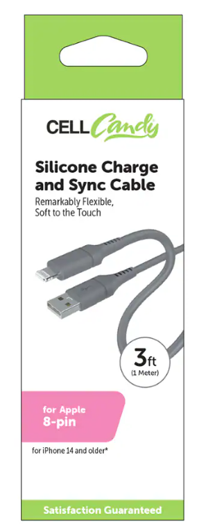 CellCandy Fast Charge And Sync Cable 3 Ft Gray Black