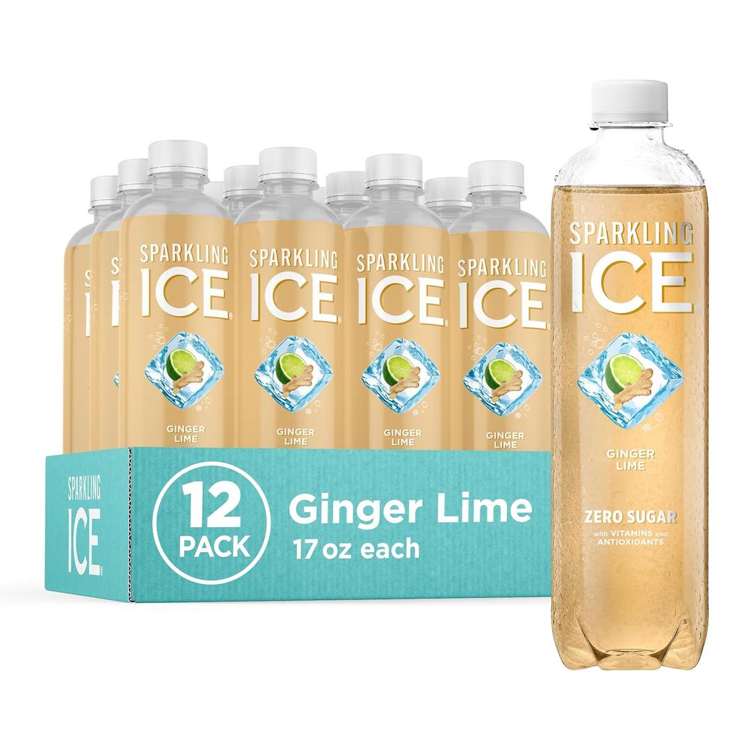 Sparkling Ice, Ginger Lime Sparkling Water, Zero Sugar Flavored Water, with Vitamins and Antioxidants, Low Calorie Beverage, 17 fl oz Bottles (Pack of 12) (EXP 02/11/27)