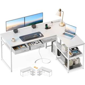 AODK 53 Inch L Shaped Computer Desk with Drawers, Corner Desk with Power Outlets & Reversible Storage Shelves, for Home Office Gaming, White