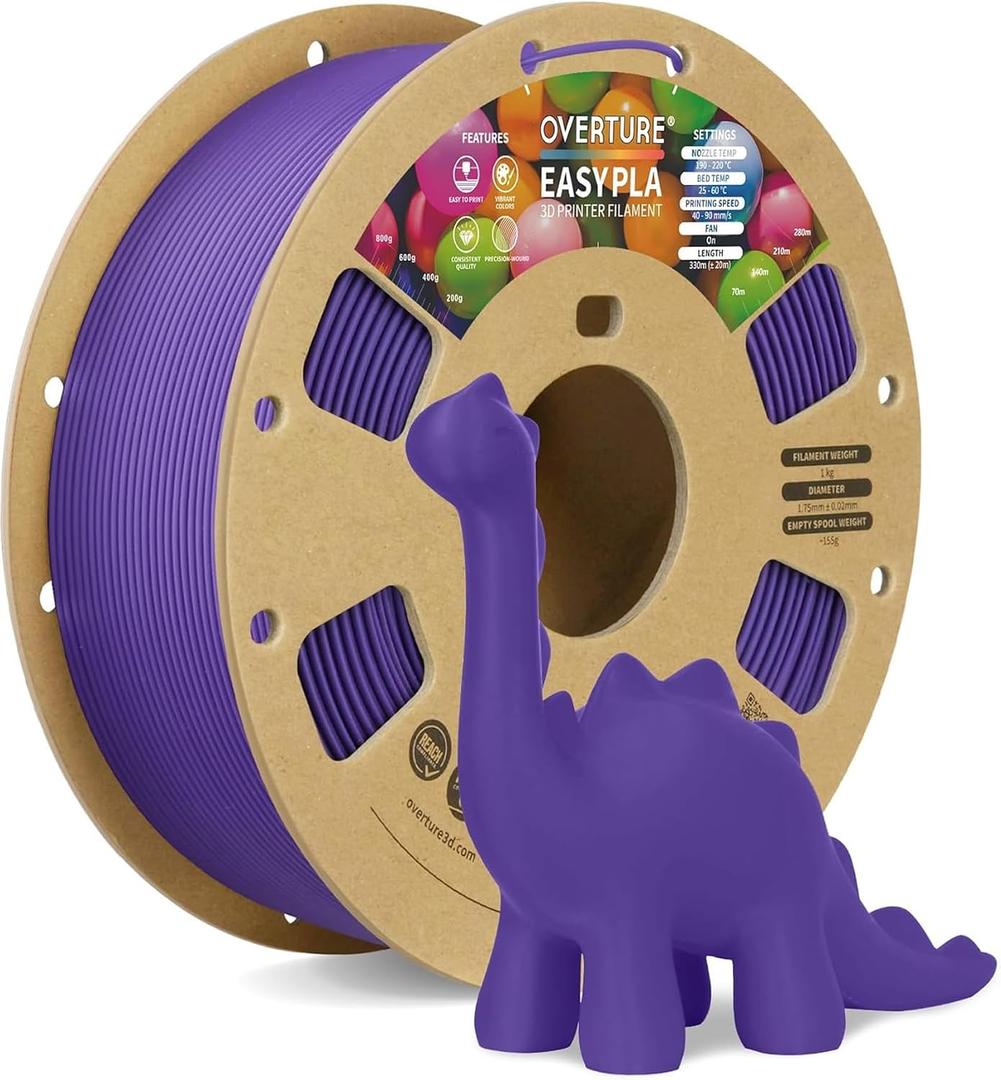 OVERTURE Easy PLA 1.75mm, Easy to Print Filament, 1kg Purple | Designed for Beginners Low Warp & Great Bed Adhesion, 1kg (2.2lbs) Cardboard Spool, Fits Most FDM Printers (Purple)