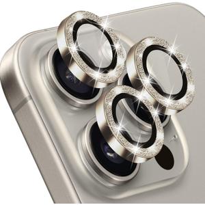 Compatible with iPhone 15 Pro & 15 Pro Max Camera Lens Protector, Bling Glitter Diamond Lens Cover 9H Tempered Glass Camera Cover Anti Scratch Shockproof Screen Protector - Natural Titanium