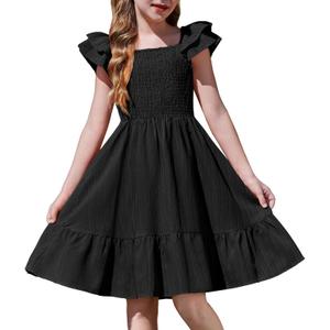 Arshiner Girls Black Dress Double Layer Ruffle Sleeve Off Shoulder Smocked Church Funeral Tween Dresses, Size 14-16