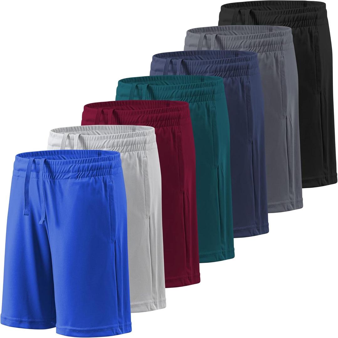 BALENNZ Boy's 5-Pack Athletic Shorts Kids Youth Quick Dry Active Performance Basketball Shorts with Pockets Elastic Waistband (Medium, 7 Pack Black,dark Grey,navy,dark Green,dark Red,light Grey,l Light Blue)