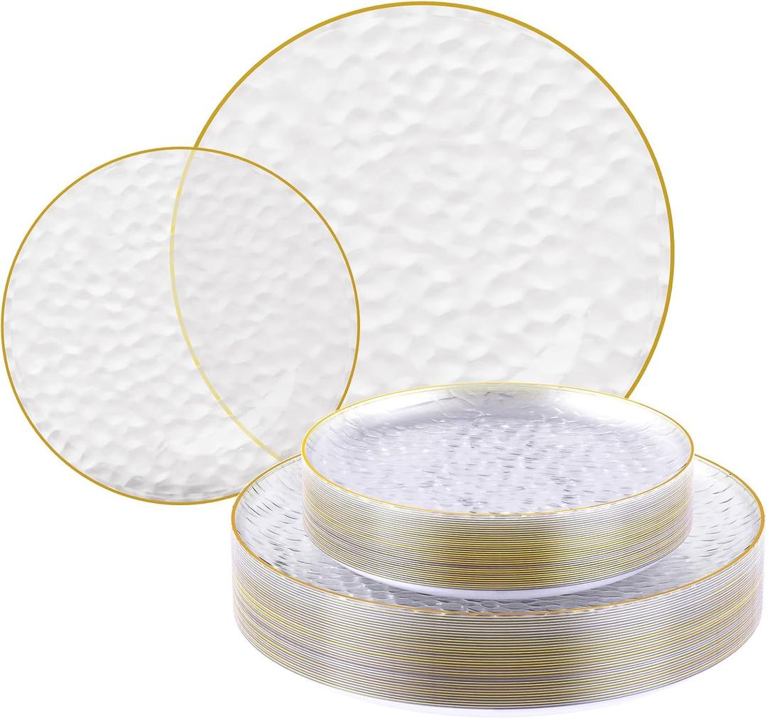 FOCUSLINE 60Pcs Clear Plastic Plates, Clear Disposable Plates with Gold Rim, 30 7" Salad Dessert Plate and 30 10" Dinner Plate Heavy-duty Hammered Plates for Party, Wedding, 7Inch 10Inch