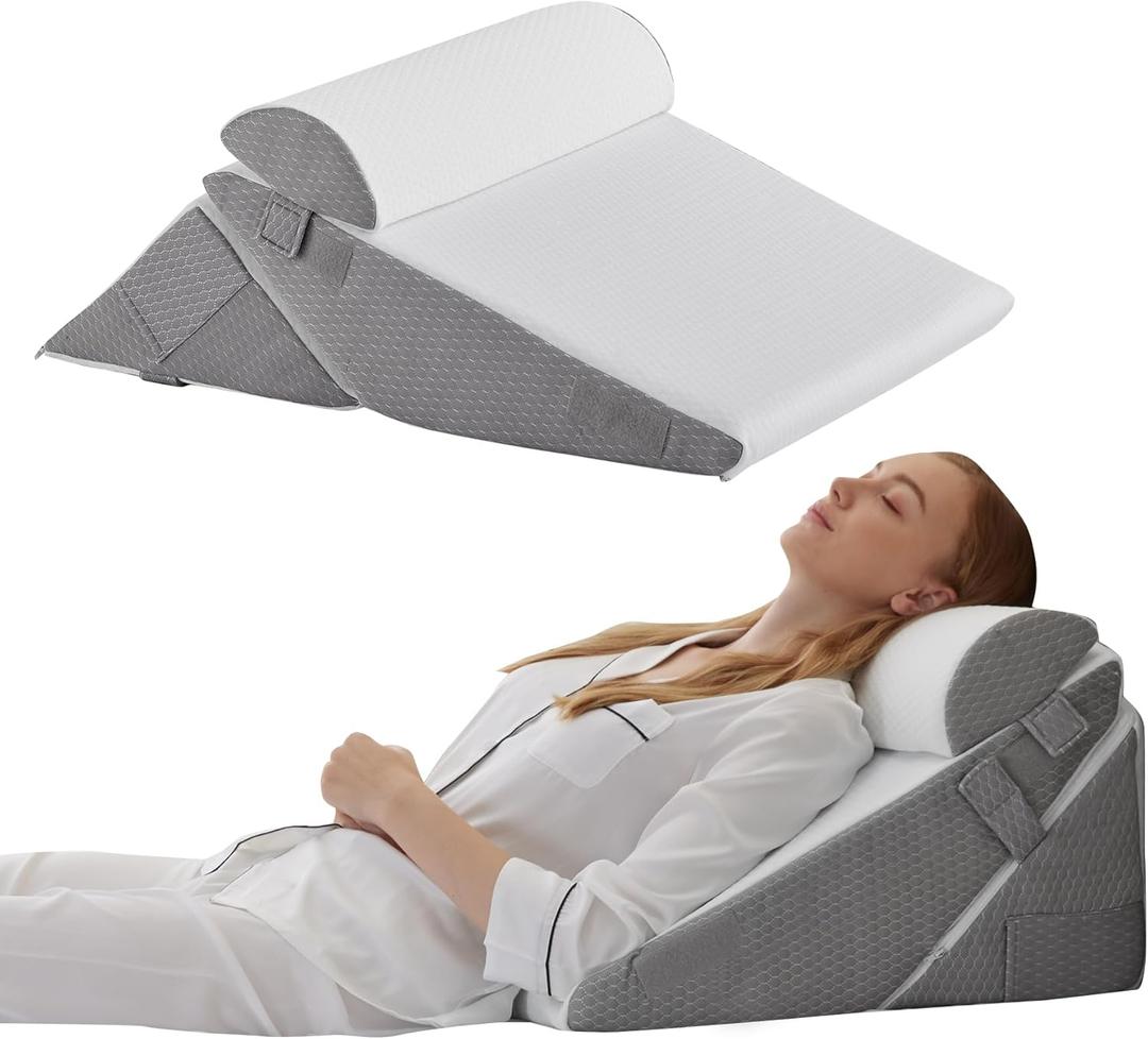 Bedluxe Wedge Pillow Headboard, 3PCS Orthopedic Bed Wedge Pillows Set for After Surgery, Adjustable Pillow Wedge for Acid Reflux&Back Pain Relief, Sleeping, Back Pillow for Bed Sitting Up, White/Grey, Adjustable 9&12 Inch + 1 Head Pillow