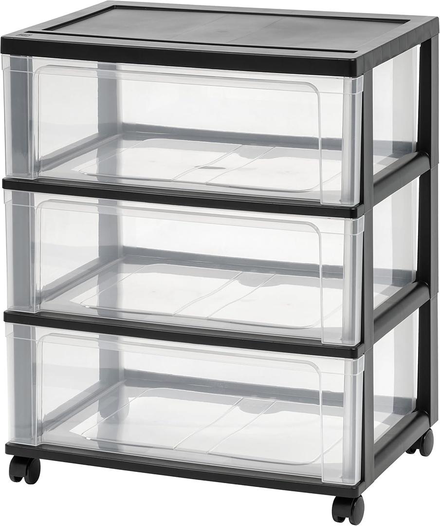 IRIS USA Plastic Drawer Storage Organizer Rolling Cart, with Wheels Casters, 3-Drawers, for Art Craft Supplies Bathroom Dorm Bedroom Laundry Room, Wide, Black