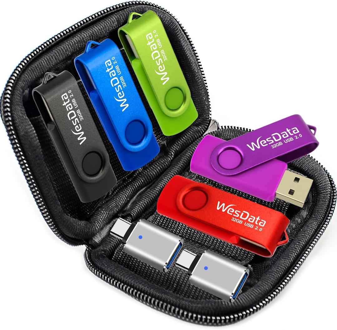 5 Pack 32GB USB Flash Drive and 2 Pack USB C Adapters in a Case, Thumb Drives Memory Stick Storage and Backup for Smart Phones with Type C Port, Laptops, PC