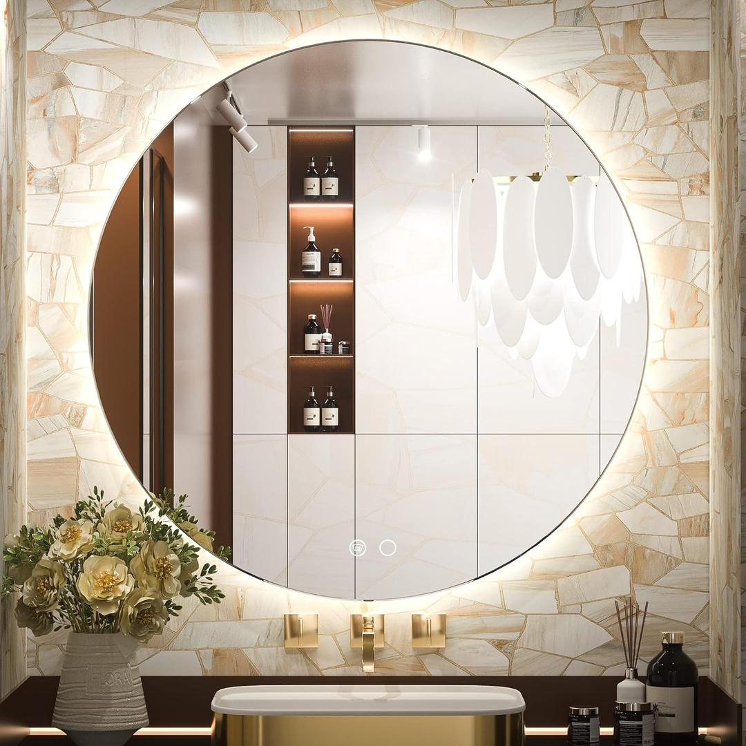 Keonjinn 32 Inch Round LED Mirror for Bathroom, Backlit, HD Tempered Glass
3 Color Temperature, Fast & Safe Defogging, Stepless Dimmable, Wall Switch/Plug in, Wall Mount Round Backlit Mirror Bathroom