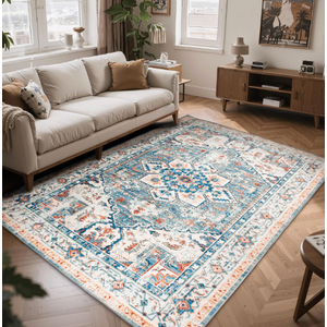 Boho Area Rugs 5x7 Washable Non-Slip,5 by 7 Low-Pile Retro Vintage Oriental Inspired Persian Style Bohemian Rug with Rubber Backing,Blue Carpet for Living Room,Bedroom,Dining Room Under Table,Office