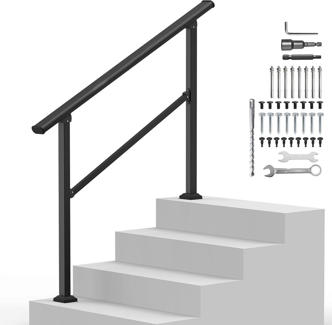 Outdoor Handrails for 3-4 Steps, Stair Railing Kit for Concrete & Porch Steps, Adjustable Black Iron Hand Rail for Seniors, Easy Installation, Retro Arch Design