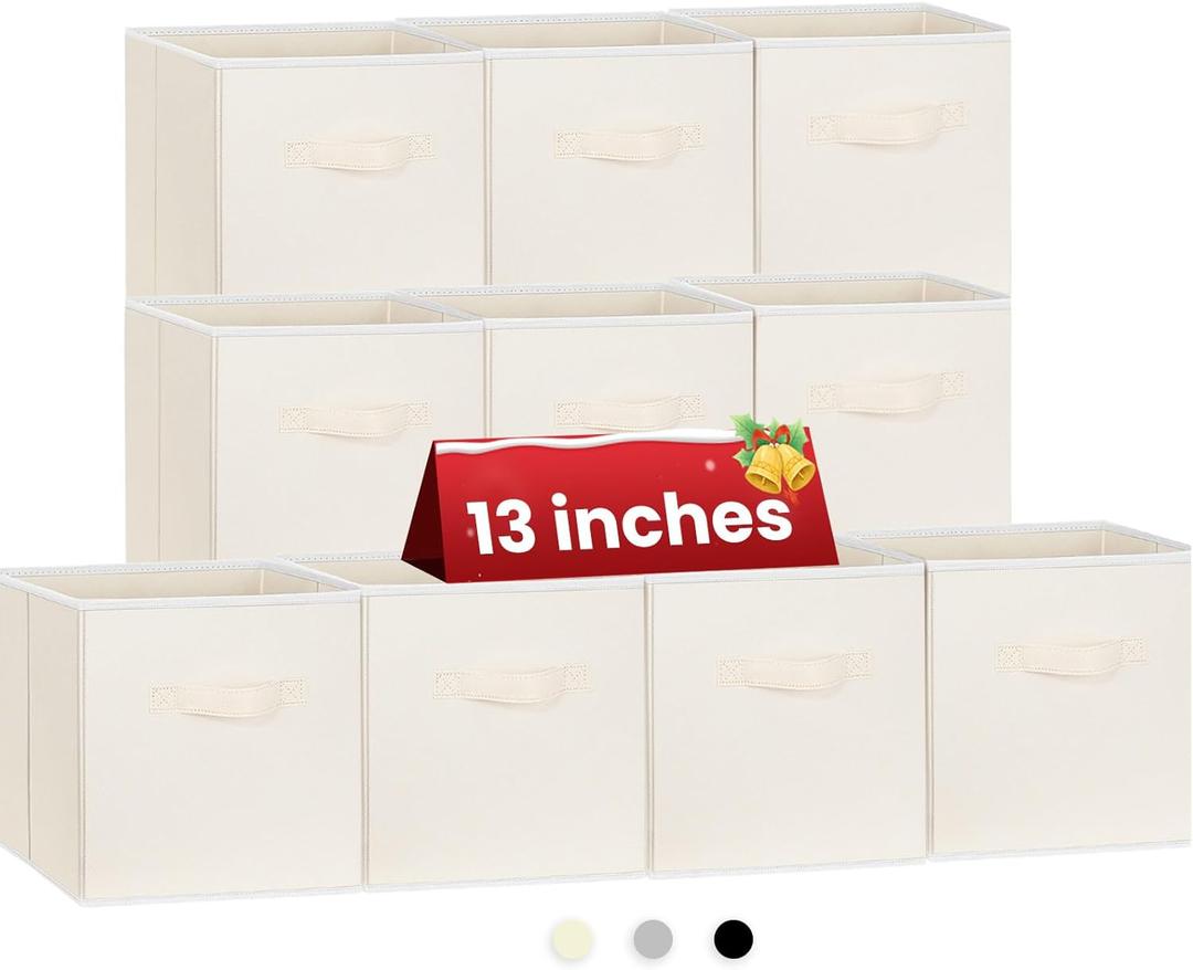 Criusia Large Storage Cubes, 13 Inch Cube Storage Bins for Shelves Closet Nursery Bedroom - 10 Pack Collapsible Storage Baskets with Handles - Fabric Bins for Organizing Clothes Blanket Toys (Beige)
