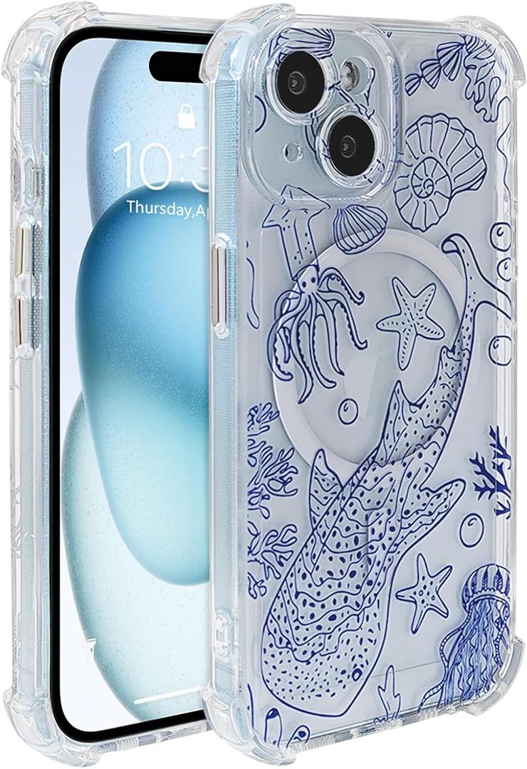 for iPhone 14 Case Clear Magnetic, Compatible with MagSafe, Ocean Marine Animals Pattern, Slim Shockproof Camera Lens Protection Phone Case for Women Men 6.1" - Blue