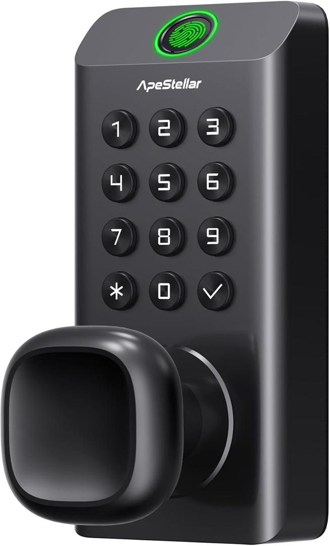 Smart Fingerprint Door Knob, Keypad Door Lock with Handle, Fingerprint Keyless Entry Door Lock, Voice Guidance for Easy Operation, Superior Durability, Matte Black