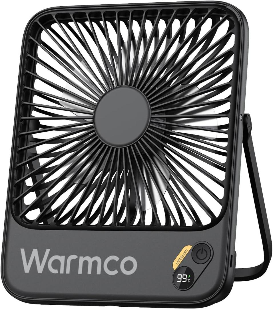 Warmco 10000mAh Portable Travel Fan 7-Inch, Max 24H Runtime, Ultra-Thin Quiet Rechargeable Battery Operated Desk Fan with Digital Display for Camping, Office, Bedroom, Cruise Essentials (Black)