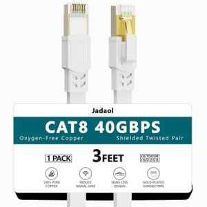 Jadaol Cat 8 Ethernet Cable 3 ft, 40Gbps 2000MHz Flat RJ45 S/FTP LAN Patch Cable, High-Speed Cat8 Network Cable for Router, Modem, Switch, Gaming Consoles, PC, Home Network & Streaming Devices, White