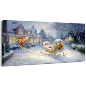 TIMUBA Christmas Sleigh Scene Wall Art - Winter Landscape Holiday Pictures Wall Decor, Vintage Christmas Art Prints for Living Room, Framed Canvas Artwork Painting, 12×24 inches