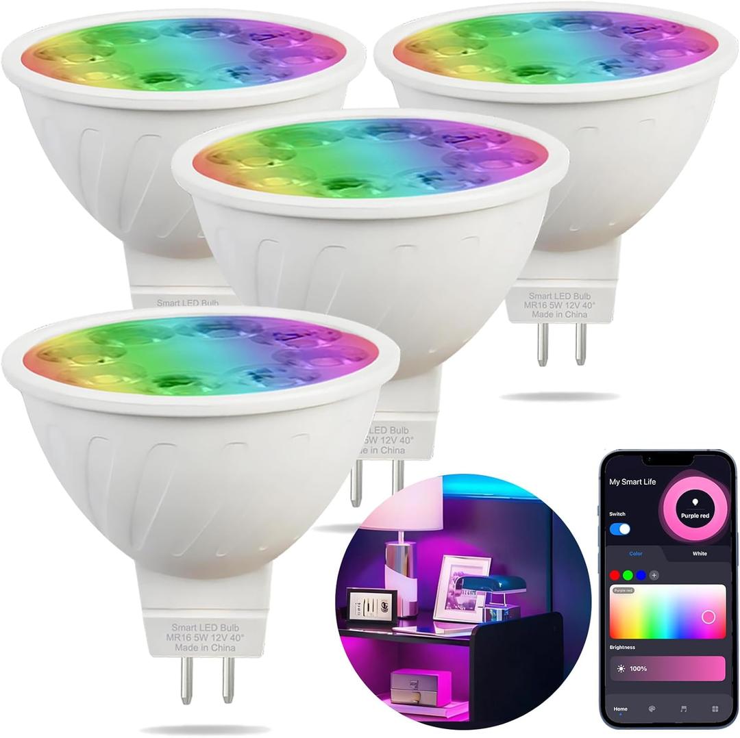 Noobibaba MR16 Smart Light Bulbs, MR16 LED Bulb Color Changing for Christmas, Compatible with Alexa Google Assistant, 16 Million Colors RGBCW, WiFi & Bluetooth Light Bulbs, Music Sync, 4-Pack