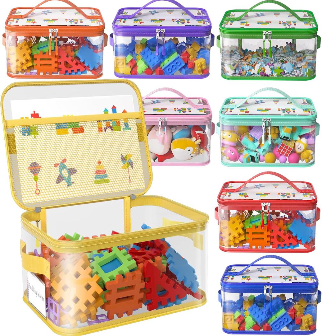 8 Pack Extra Large Clear Toy Storage Bags with Zippers & Labels, Reusable PVC Transparent Waterproof Toy Organizer Bags for Board Game Storage, Building Blocks, Puzzle, Dolls (Colorful)