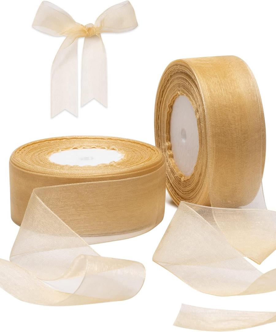 2 Roll Champagne Organza Ribbon 1.5 Inch for Wedding Gift Wrapping, Wedding Invitations, Party Decoration, Crafts