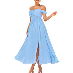 GRACE KARIN 2025 Women's Summer Floral Print Flowy A Line Maxi Dresses Sleeveless Smocked Off Shoulder Dress (Medium, Light Blue)