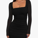 BORIFLORS Women's Sexy Ruched Bodycon Mini Dress Mesh Long Sleeve Club Party Short Dresses, Small