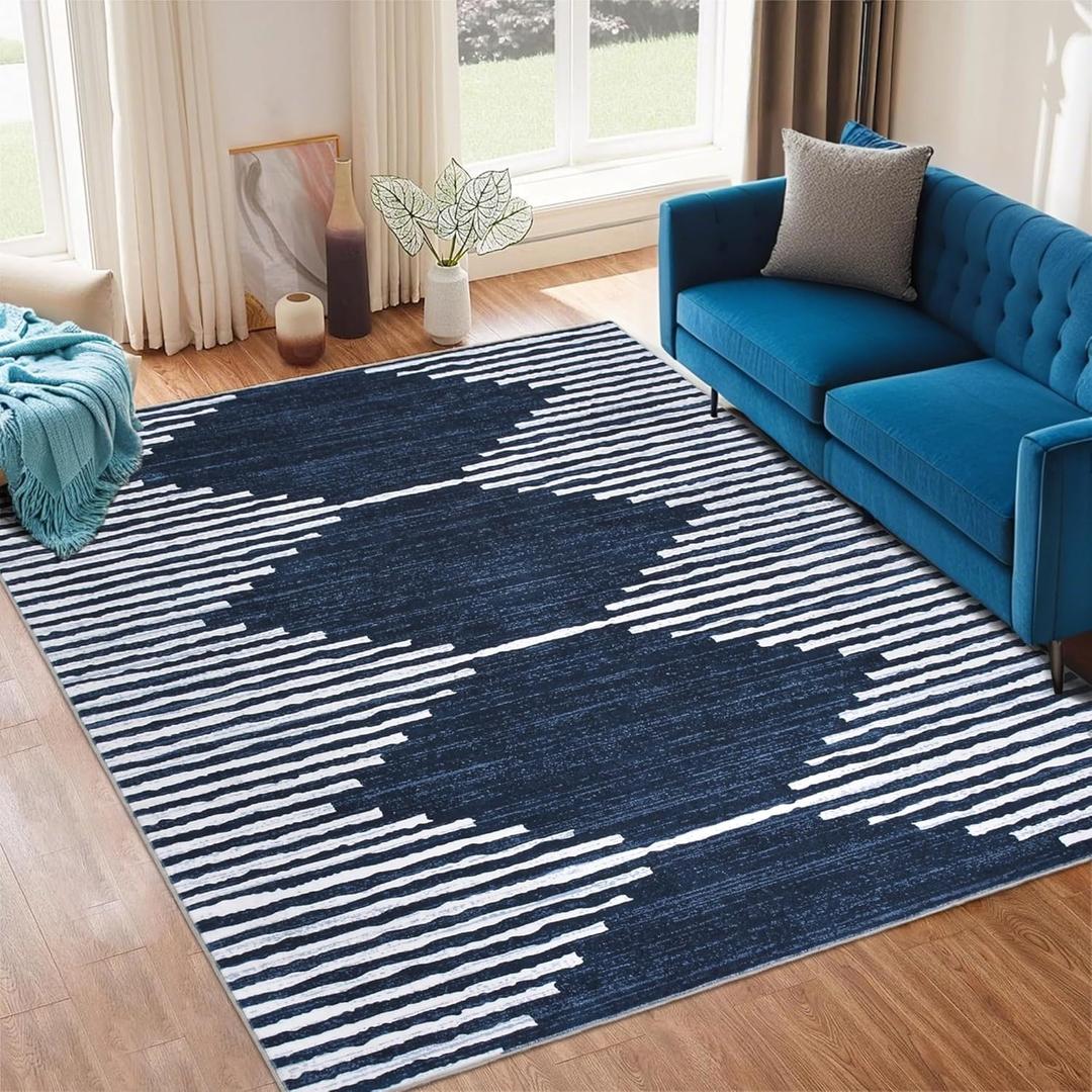HelloTree Area Rug for Living Room 5x7 Washable Geometric Moroccan Rug Stripe Farmhouse Bohemian Minimalistic Non Slip Non Shedding Ultra Thin Soft Rug for Bedroom Office DiningRoom Nursery-Blue