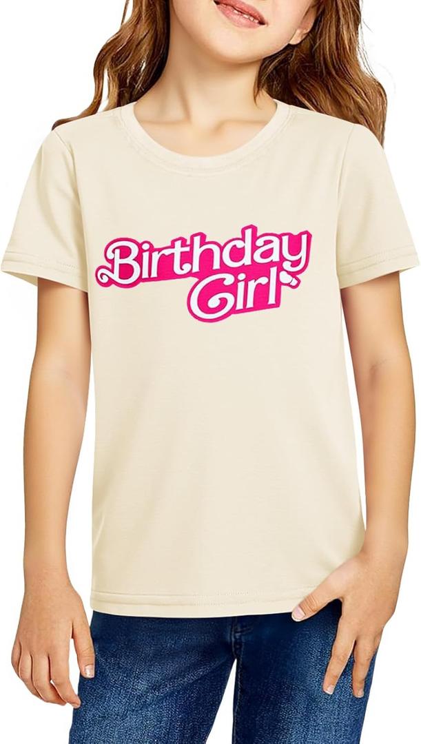 Haloumoning Birthday Girl Shirt Kids Short Sleeve Crewneck T-Shirts Tees Birthday Outfit 5-14 Years (11-12 Years, Beige)