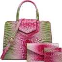 Women Embossed Pattern Satchel Handbags Wallet 3 pcs Set Crossbody Tote Top Handle Vegan Leather Ladies Bag (Acolorful Rose + Green)