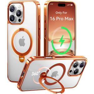 CASEKOO Cosmic Orange Glossy for iPhone 16 Pro Max Case with 360 Spin Magnetic Stand [Fit for Magsafe][16FT Military Protection] Slim Polished Frame Titanium Alloy Sturdy Stand 6.9'', Cosmic Orange