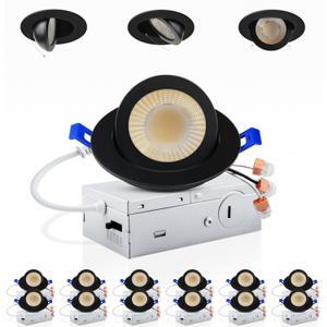 Adetu 3 Inch Gimbal Black Led Recessed Lighting, 360°+90° Adjustable Directional Led Recessed Lights, 2700K/3000K/3500K/4000K/5000K Dimmable Retrofit Eyeball Can Lights with Jbox,ETL (Black, 12 Pack)