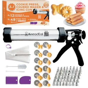 KneadEat Premium 68pc Churro Maker - Spritz Cookie Press Gun Kit - Icing Gun. 12 Cookie and Churro Discs. 48 Icing Tips. XL Filler. Piping Bag. Brushes. For Churros, Cookies and Cake Decorating.