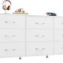 WLIVE 54''W Dresser for Bedroom, White Dresser TV Stand for 55, 60, 65 inch TV, Wide Chest of Drawers with 9 Drawer, Large Entertainment Center, Fabric Dressers with Wood Top for Closet, Living Room