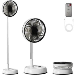 8" Foldable Travel Fan with Remote Control - Portable Standing Fan for Home, Office & Camping | 3-Speed 7200mAh Rechargeable Battery, Auto Oscillation, Ultra Quiet Desk/Pedestal Fan (White)