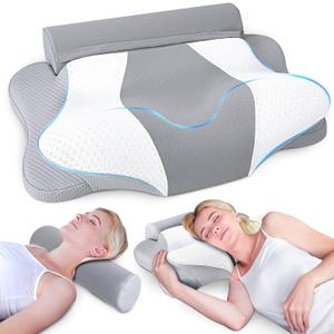 SAHEYER Cervical Neck Pillow and Roll Neck Pillow, 2 in 1 Ergonomic Pillow for Neck Pain Relief, Memory Foam Neck Support Pillows for Side, Back & Stomach Sleepers-Grey