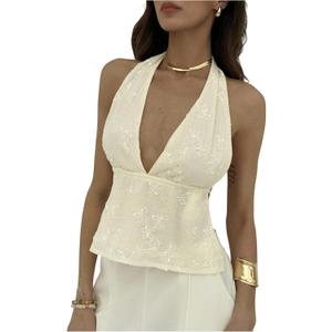 MakeMeChic Women's Y2K Halter Embroidery Tank Top Party Tie Backless Deep V Neck Cami Top (M)