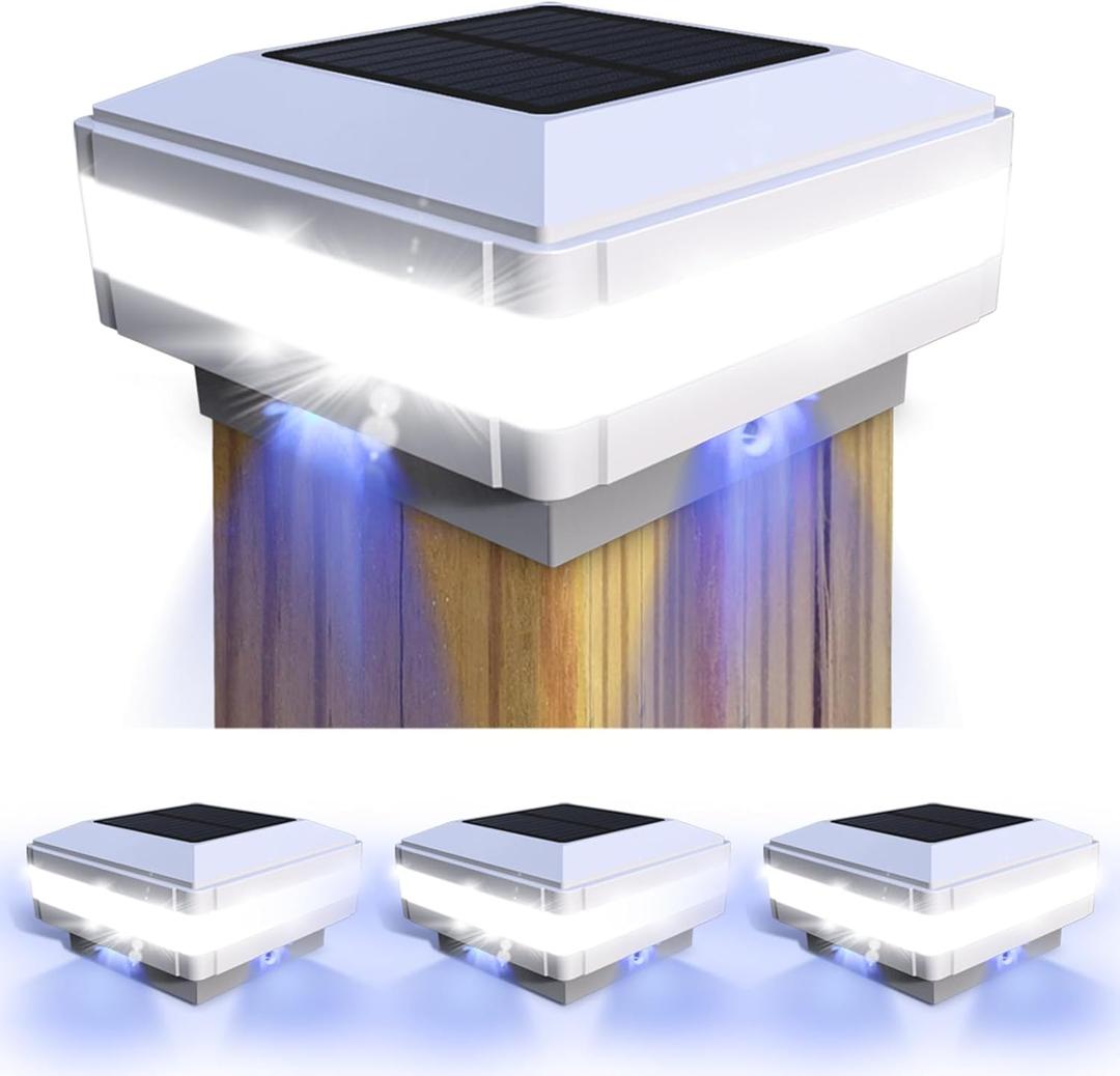 Sumaote 4x4 Solar Post Cap Light, 52 LEDs 160 Lumen Deck Post Lights IP65 Waterproof fit Actual 3.5" x 3.5" Wooden Posts, 6000K White LED Lighting, Outdoor Garden Yard Fence Decor, White Shell, 4 Pack