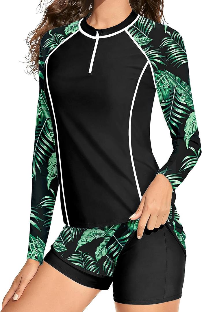 Girls Rash Guard Swimsuit 14-16 Teen Girl Bathing Suits Size 14-16 Tropical Print UPF Sun Protection Long Sleeve Swimwear + Swim Shorts 2 Piece Black