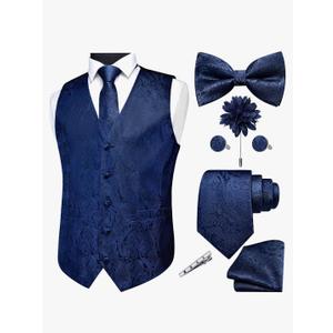 GUSLESON Fashion Vest for Men Paisley Jacquard Tie Waistcoat Bow tie Hanky Lapel Pin Cufflinks Set Wedding 7PCS Size Small