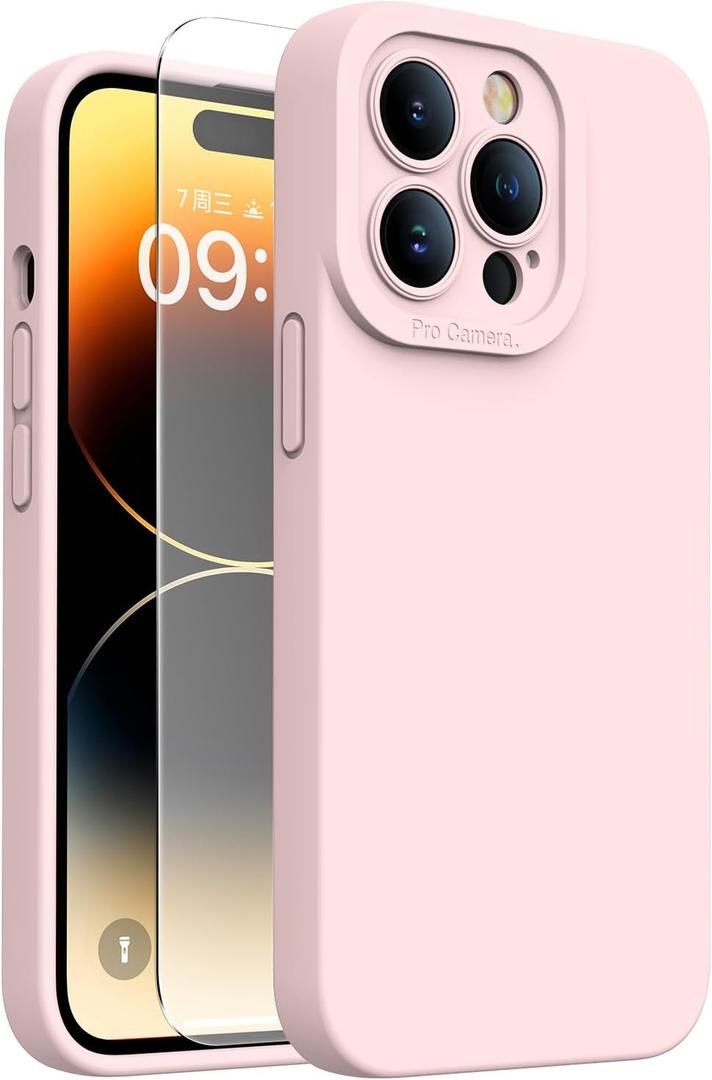 Magnetic for iPhone 14 Pro Case with Screen Protector - Wireless Charging Compatible - Upgraded Camera Protection - Silicone Shockproof Protective Phone Case for iPhone 14 Pro - Pinky White