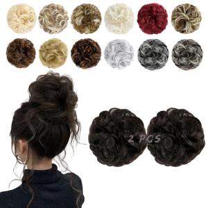 2 PCS Messy Bun Hair Piece Wavy Curly Hair Bun Scrunchies Extensions Synthetic Chignon Thick Updo Hairpieces for Women Girls(Dark Brown)