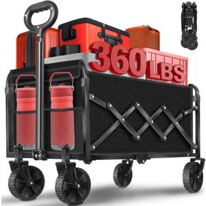 Wagons Carts Foldable, 360 Lbs with Adjustable Handle, Black Lightweight Portable, Collapsible Wagon for Camping, Shopping, Sports, Travel, Garage and Gardening Storage with Drink Holders