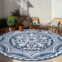 Capslpad 6x6 Floral Outdoor Rug for Patio Clearance Reversible Mats Round Portable Plastic Straw Carpet Waterproof Boho Indoor Outside Area Rugs for RV Camping Picnic Tent Balcony Beach Deck, Blue