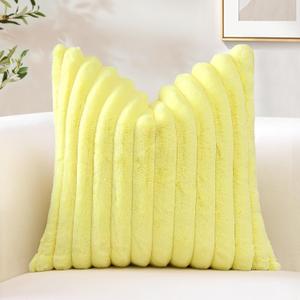 OTOSTAR Yellow Faux Rabbit Fur Decorative Throw Pillow Cover 18x18 Inch Soft Cozy Plush Striped Pillowcase Velvet Cushion Cover for Sofa Couch Bed Living Room